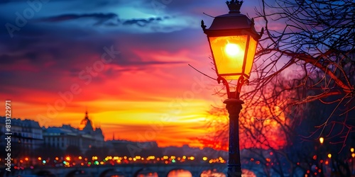 The Warm Glow of an Antique Street Lamp Illuminates the Dusk Cityscape. Concept Cityscapes  Dusk Photography  Antique Street Lamps  Warm Glow  Urban Landscapes