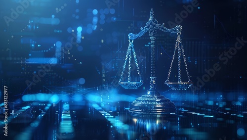 A balance scale on the background of digital data, representing justice in virtual space