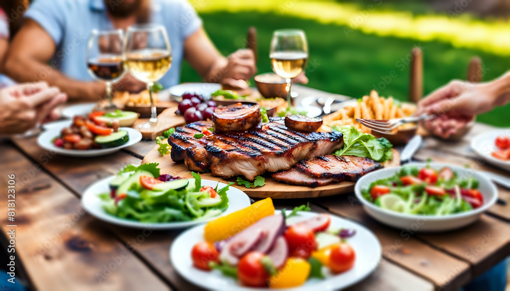 closeup of a backyard dinner table have a tasty grilled BBQ meat, Salads and champagne and happy joyful people on background.