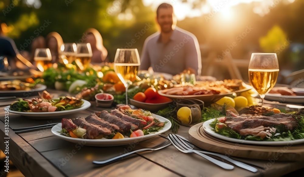 closeup of a backyard dinner table have a tasty grilled BBQ meat, Salads and champagne and happy joyful people on background. closeup of a backyard dinner table have a tasty grilled BBQ meat, Salads and champagne and happy joyful people on background.