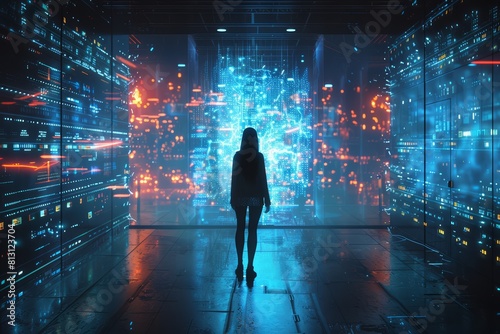 A business woman stands in front of the entrance to a data center, surrounded by holographic screens displaying complex neural networks and digital streams of information, symboliz