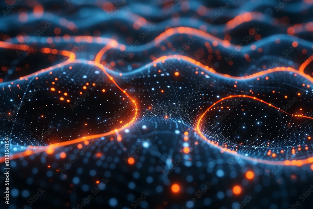 A closeup of glowing neural networks, with blue and orange connections representing data flow between artificial intelligence devices on a black background