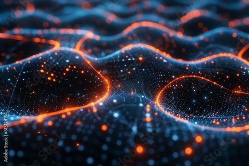 A closeup of glowing neural networks  with blue and orange connections representing data flow between artificial intelligence devices on a black background