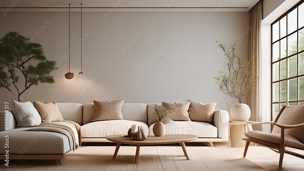 Modern living room featuring white furniture and window, Scandinavian style layout with blank wall Modern living room featuring white furniture and window, Scandinavian style layout with blank wall