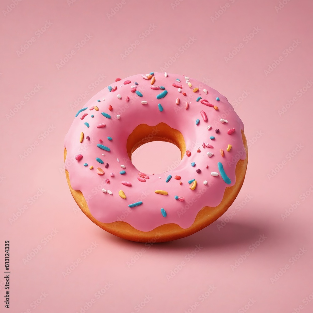 Magenta doughnut with pink frosting and sprinkles on pink background