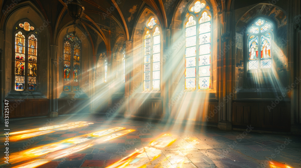 Sunlight Streaming Through Church Stained Glass .Dramatic beams of sunlight filter through colorful stained glass windows inside a peaceful church.