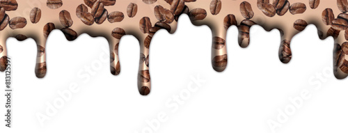 Coffee cream dripping. Consistency of the liquid coffee flow. Fluid ice cream design with coffee beans. Realistic cream melted edge. Falling wave effect with flow of tasty desserts flowing photo