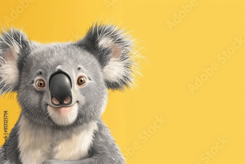 A cartoon koala is smiling at the camera with copy space