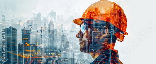 A double exposure of an engineer wearing a helmet at a construction site with digital buildings on a white background, done in the style of double exposure photography with photore photo