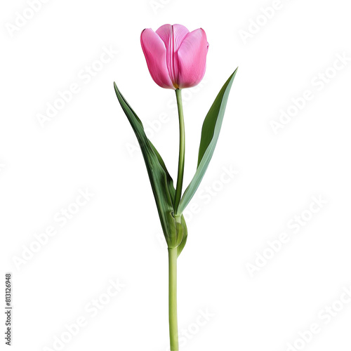 Tulip, deep pink, single stem, isolated on a white background, suitable for die cut PNG style