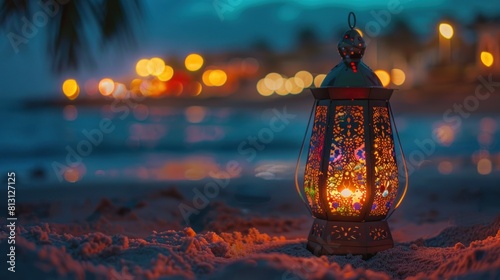 Arabic lamp with colorful light on the sandy beach with the night scene background