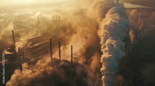 Metallurgical plant spews toxic smoke, tarnishing the sky. Aerial view captures the grim reality of industrial pollution, highlighting the environmental impact on the surrounding area.