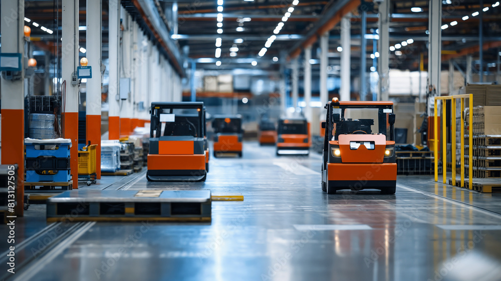 Automated guided vehicles (AGVs) moving materials in a warehouse Automated guided vehicles (AGVs) moving materials in a warehouse