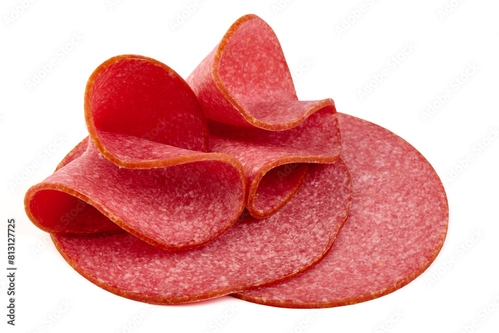 Salami slices, isolated on white background. Salami slices, isolated on white background.