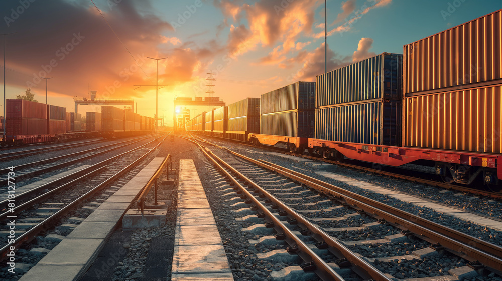 Shipping containers being loaded onto a train for transportation Shipping containers being loaded onto a train for transportation