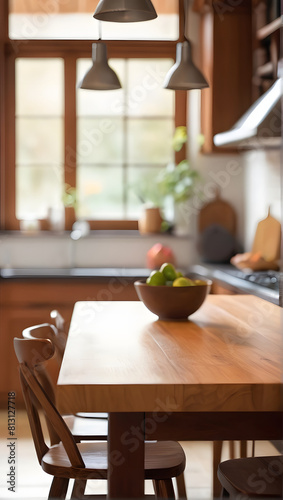 Close up of wooden table with a salad bowl