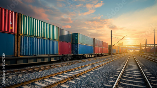 Shipping containers being loaded onto a train for transportation
