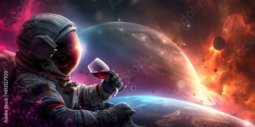 Astronaut enjoys wine under starlight on alien planet depicting interstellar lifestyle. Concept Astronaut, Wine, Starlight, Alien Planet, Interstellar Lifestyle © Anastasiia