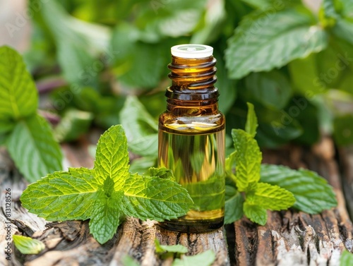 Peppermint leaves and oil, highlighting their effectiveness in relieving headaches and digestive discomfort photo