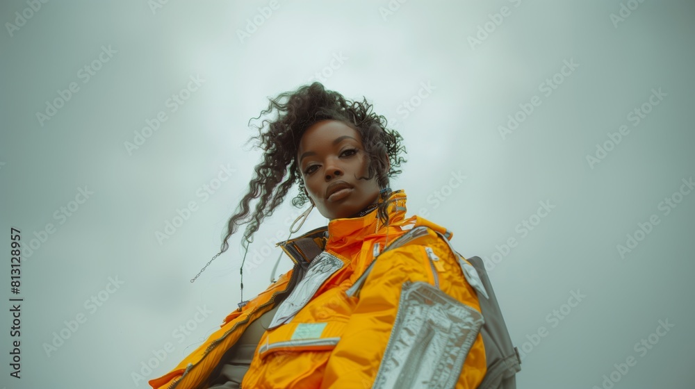 Portrait of a woman in vibrant yellow raincoat against a cloudy sky Portrait of a woman in vibrant yellow raincoat against a cloudy sky