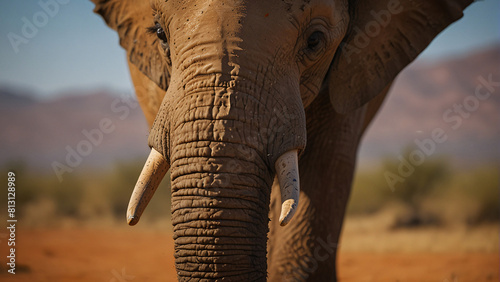 A large elephant with its trunk in the air photo