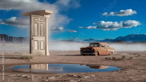 an old car is parked in the desert with the door open.