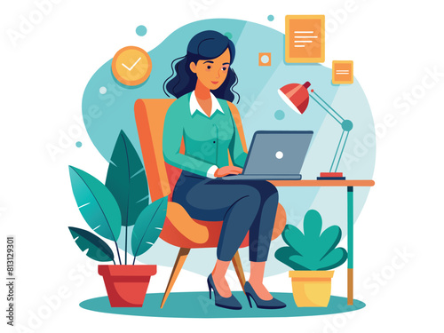 a woman using a laptop surrounded by business icons, minimal style flat cartoon colored vector illustration