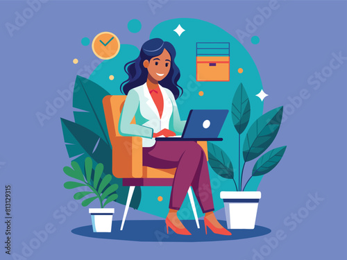 a woman using a laptop surrounded by business icons, minimal style flat cartoon colored vector illustration