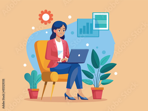 a woman using a laptop surrounded by business icons, minimal style flat cartoon colored vector illustration