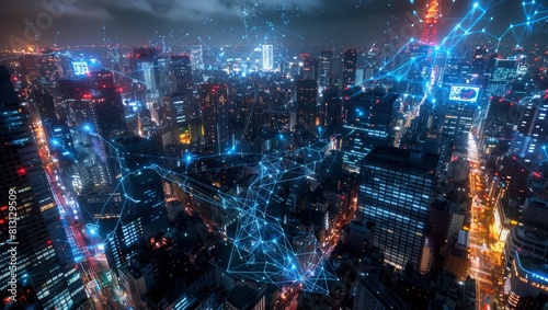 A wide-angle aerial view of the city skyline at night, with glowing blue connections between buildings representing smart lighting systems and digital networks