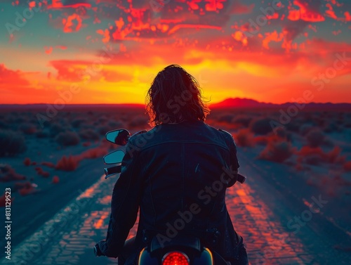 A man, identified as a brutal biker, rides a motorcycle down a road during a fiery sunset. photo