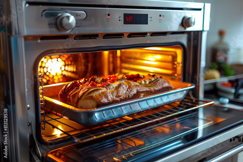 A toaster oven with adjustable temperature and timer settings, versatile for cooking.