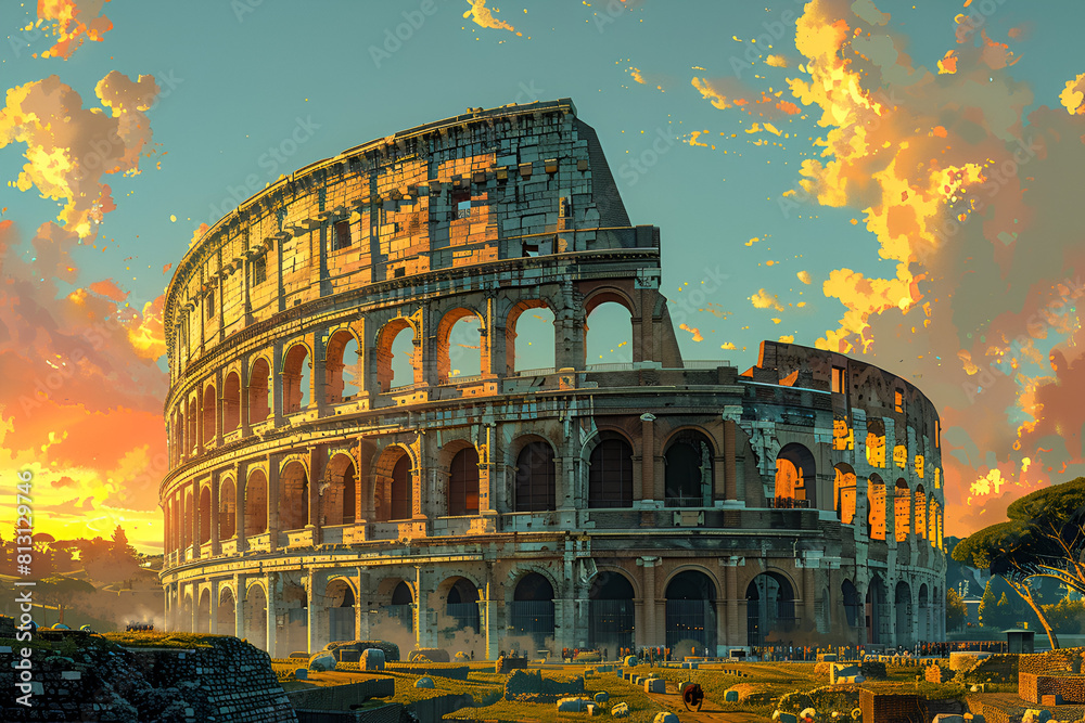 \Sunlight on ancient ruins of Colosseum in Rome Italy High quality photo, Sunset in the roman forum in italy