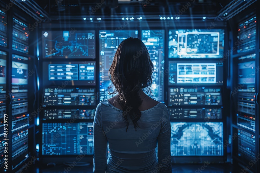 A woman stands in front of the camera, facing away from it and looking at holographic screens displaying data and images A woman stands in front of the camera, facing away from it and looking at holographic screens displaying data and images