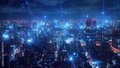 A wide-angle aerial view of the city skyline at night  with glowing blue connections between buildings representing smart lighting systems and digital networks