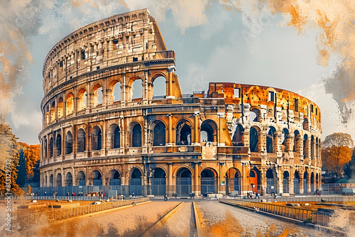 Illustration of the Ancient Roman Colosseum, Photo stunning photo of the coliseum amphitheater located in Rome Italy 