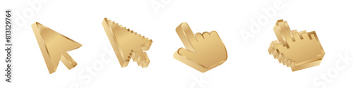 Click cursor 3d gold icon. Computer mouse pointer vector golden arrow