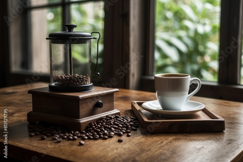 A smokey Coffee Cup With Beans grainder On Vintage Table