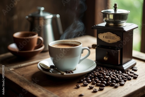 A smokey Coffee Cup With Beans grainder On Vintage Table