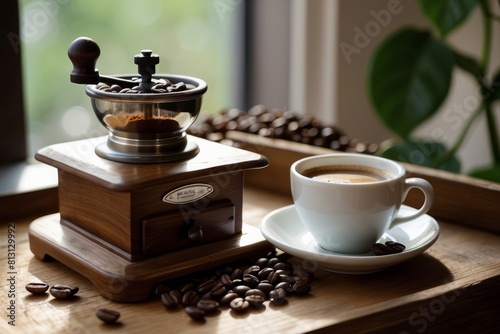 A smokey Coffee Cup With Beans grainder On Vintage Table