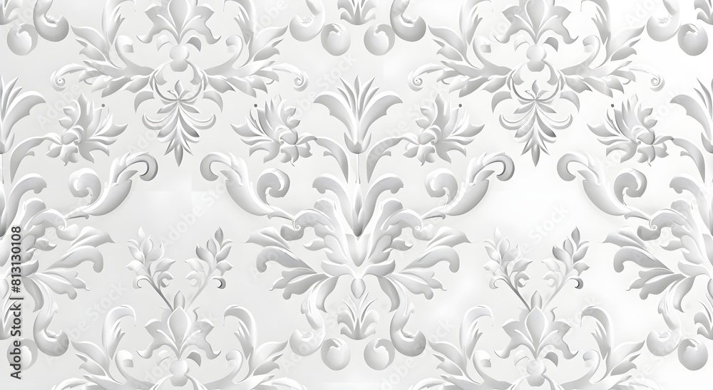 The seamless pattern features a white damask with a light gray and silver color palette on a white background. The image has high resolution, detail and quality in a high definition style Modern The seamless pattern features a white damask with a light gray and silver color palette on a white background. The image has high resolution, detail and quality in a high definition style Modern