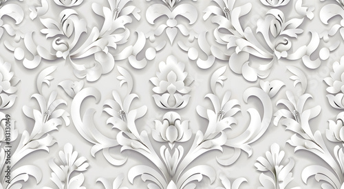 The seamless pattern features a white damask with a light gray and silver color palette on a white background. The image has high resolution, detail and quality in a high definition style Modern