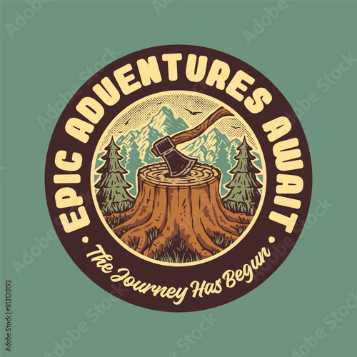 Axe on tree trunk with mountains scenery badge illustration