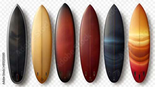 Set of Surf Boards on Transparent Background PNG,
A surfboard made of wood and painted orangeblue
 photo