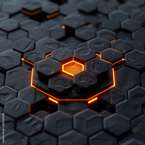 3D black hexagon pattern with orange glow in the center  octane render  hyper realistic in the style of octane render.