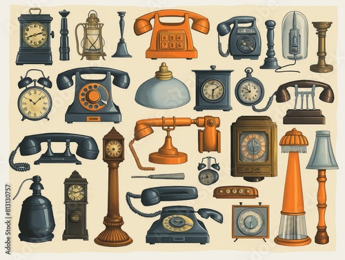 A collection of clocks, lamps, and other items are shown in a variety of sizes and colors. Scene is nostalgic and reminiscent of a bygone era