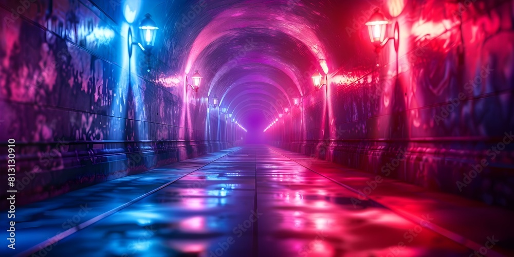 Futuristic neon corridor with illuminated lamps, reflections, and spotlights in a dark tunnel. Concept Futuristic Setting, Neon Lights, Dark Tunnel, Illuminated Lamps, Reflective Surfaces