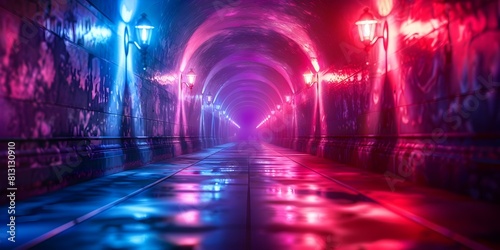 Futuristic neon corridor with illuminated lamps  reflections  and spotlights in a dark tunnel. Concept Futuristic Setting  Neon Lights  Dark Tunnel  Illuminated Lamps  Reflective Surfaces