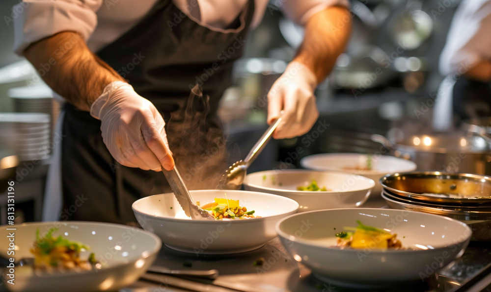 In an exclusive restaurant, the chef prepares an exquisite dish, focusing on the harmony of flavors and precision in every detail, creating a culinary masterpiece In an exclusive restaurant, the chef prepares an exquisite dish, focusing on the harmony of flavors and precision in every detail, creating a culinary masterpiece