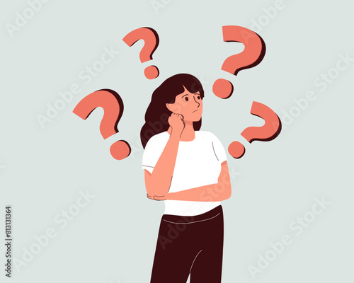 Young woman doubts and questioning everything. Young girl in casual clothes surrounded by a question mark. Cartoon